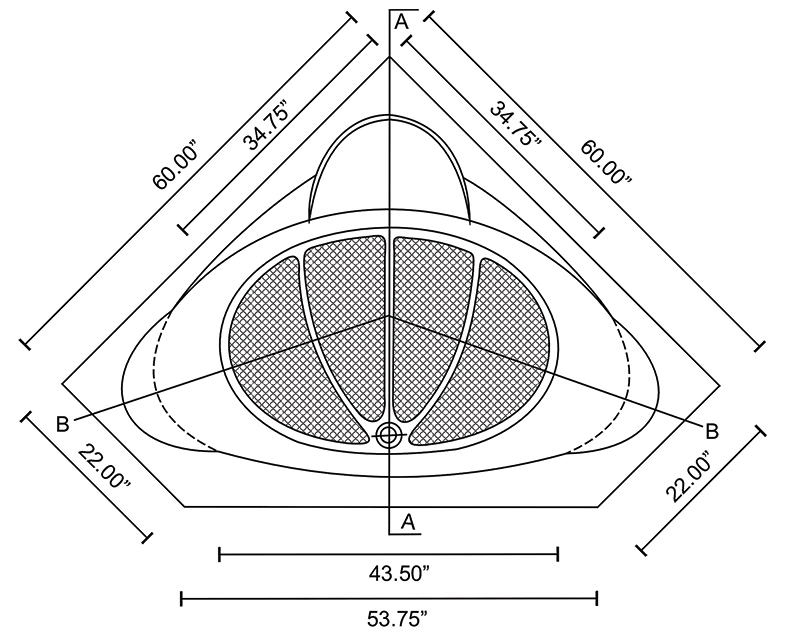 60x60 corner cultured marble tub, 22 inch deep, drawing